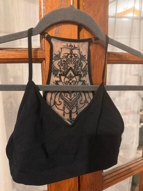 Black Lace-Back Bralette with Embroidered Mesh Panel